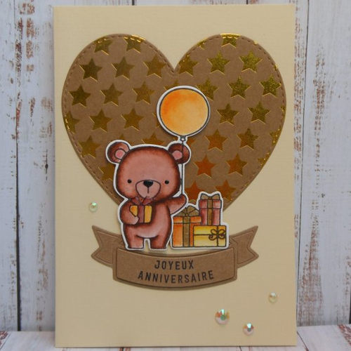 Carte anniversaire ourson au ballon sur son coeur kraft décoré étoiles foil doré enfant garçon fille fait main