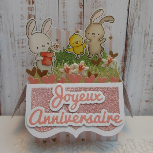 Carte anniversaire pop up boîte 3d lapins rose et blanc bébé enfant fille fait main