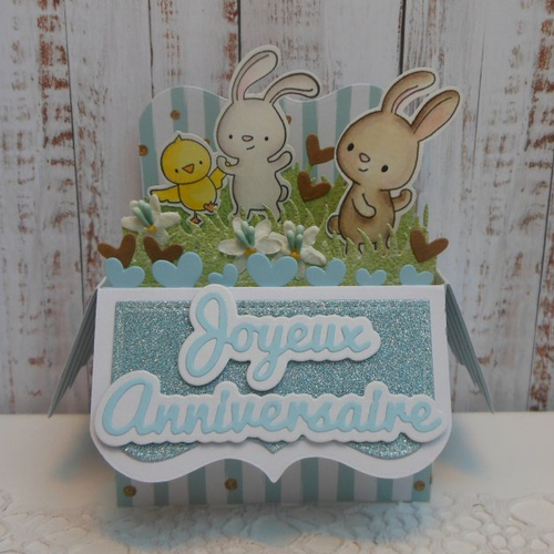 Carte anniversaire pop up boîte 3d lapins bleu et blanc bébé enfant garçon fait main