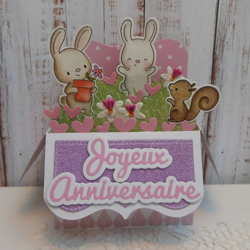 Carte anniversaire pop up boîte 3d lapins rose bonbon bébé enfant fille fait main