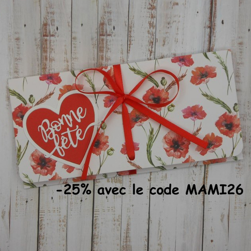 Pochette cadeau billet, chèque, place de spectacle bonne fête coquelicots rouges fête des mères maman fait main