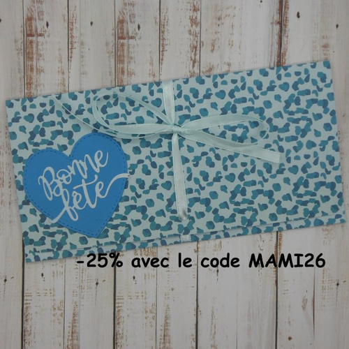 Pochette cadeau billet, chèque, place de spectacle bonne fête coeur bleu homme masculine fête des pères papa fait main