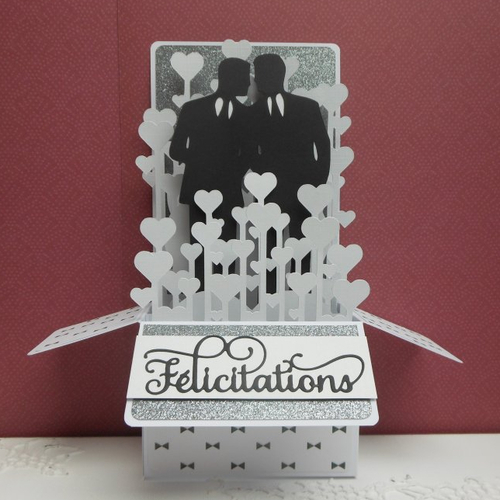 Carte mariage xl pacs hommes pop up grande boîte 3d hauteur 20cm félicitations blanc et argent fait main