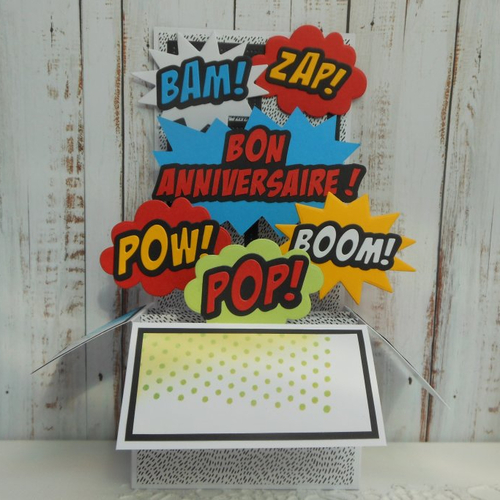 Carte anniversaire xl  pop up grande boîte 3d bulles de bd comics vert rouge bleu hauteur 20cm fait main