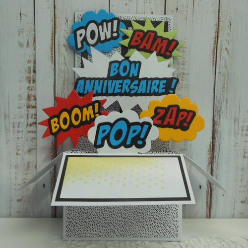 Carte anniversaire xl pop up grande boîte 3d bulles de bd comics jaunerouge  bleu hauteur 20cm fait main - Un grand marché