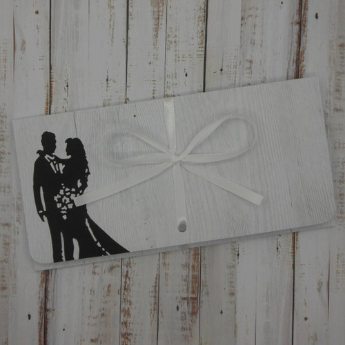 Pochette cadeau billet, chèque, place de spectacle mariage couple fond bois gris et blanc fait main