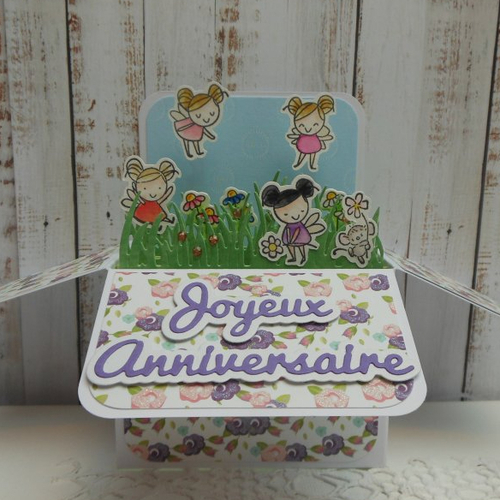 Carte anniversaire pop up boîte 3d aux petites fées liberty rose violet enfant fille fait main