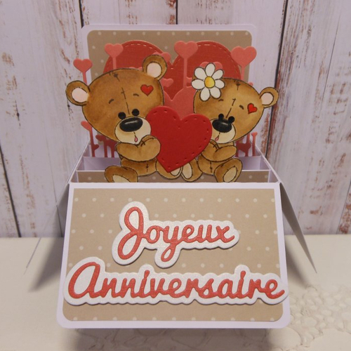Carte anniversaire pop up boîte 3d oursons et coeurs rouge fait main