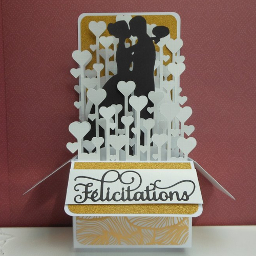 Carte mariage xl pacs pop up grande boîte 3d hauteur 20cm félicitations blanc et or fait main