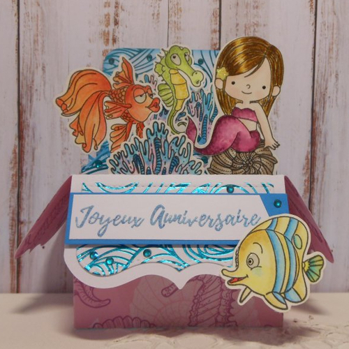 Carte anniversaire pop up boîte 3d sirène rose poissons et hippocampe fait main