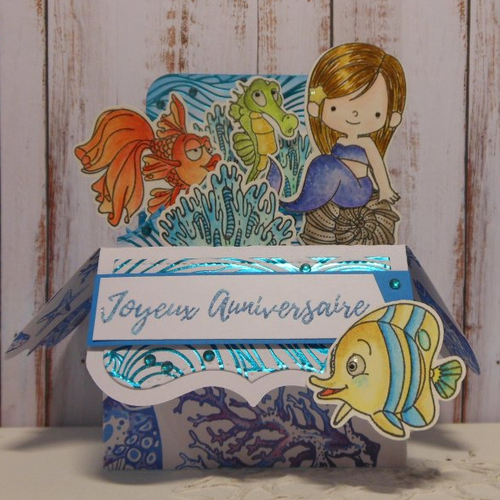 Carte anniversaire pop up boîte 3d sirène bleu poissons et hippocampe fait main