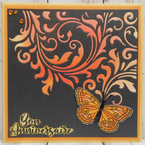 Carte anniversaire papillon orange fond noir et orangé couleurs automnales fait main