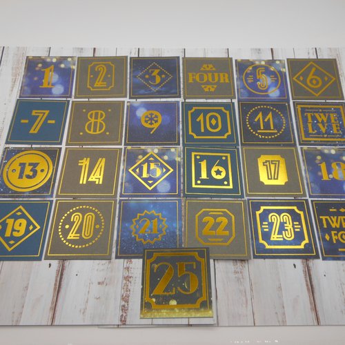Etiquettes numérotées pour calendrier de l'avent, scrapbooking, project life bleu gris et foil or 2022