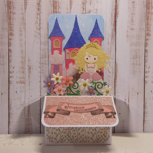 Carte anniversaire xl  pop up grande boîte 3d princesse rose et son château hauteur 20cm fait main