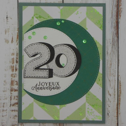 Carte anniversaire 20 ans argent pailleté et fond tons vert fait main