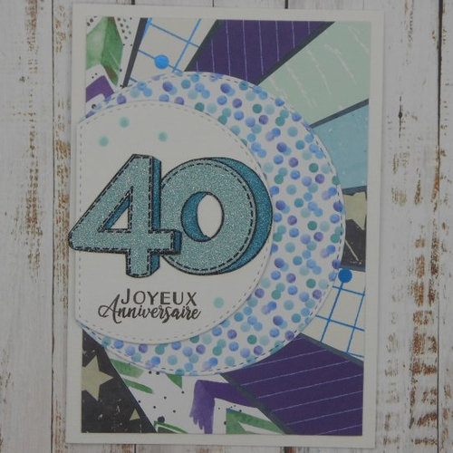 Carte anniversaire 40 ans bleu pailleté et fond tons de bleu fait main