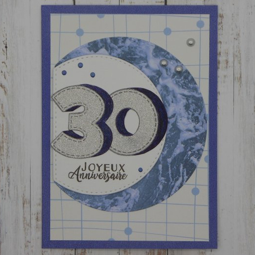 Carte anniversaire 30 ans argent pailleté et fond tons de bleu fait main