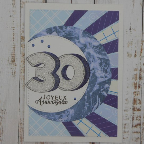 Carte anniversaire 30 ans argent pailleté et fond tons de bleu fait main