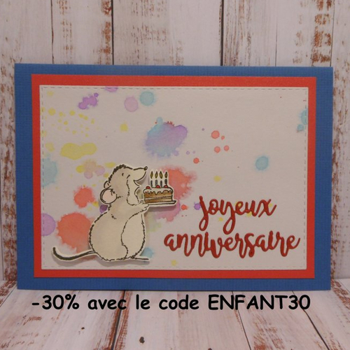 Carte anniversaire souris au gâteau enfant rouge bleu fait main