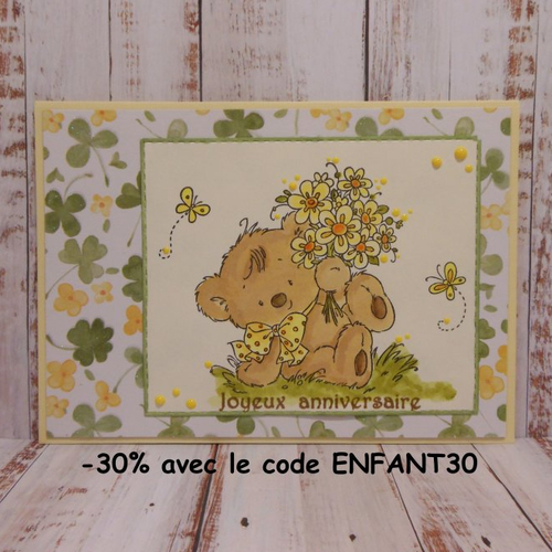 Carte anniversaire ourson et son bouquet printemps enfant jaune vert fait main