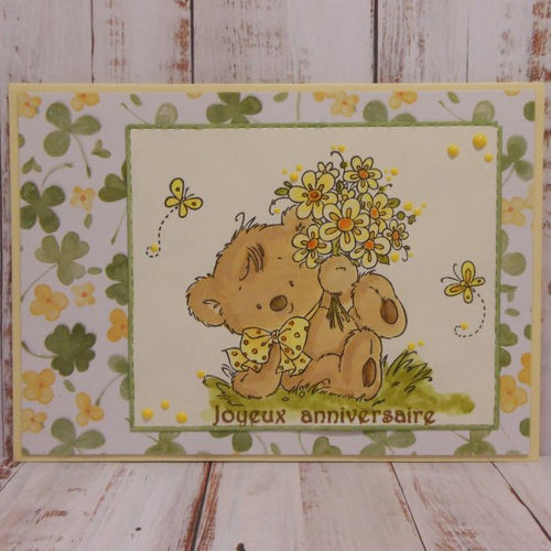 Carte anniversaire ourson et son bouquet printemps enfant jaune vert fait main