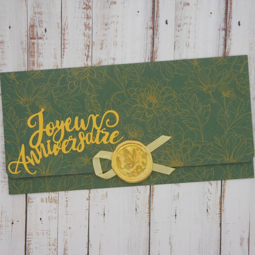Pochette cadeau anniversaire sceau de cire pour billet, chèque, place de spectacle fleurs jaunes sur fond vert fait main