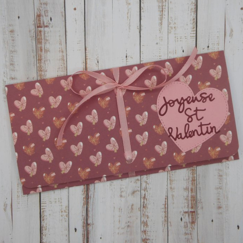 Pochette cadeau billet, chèque, place de spectacle saint valentin coeur cadeaux rose fait main