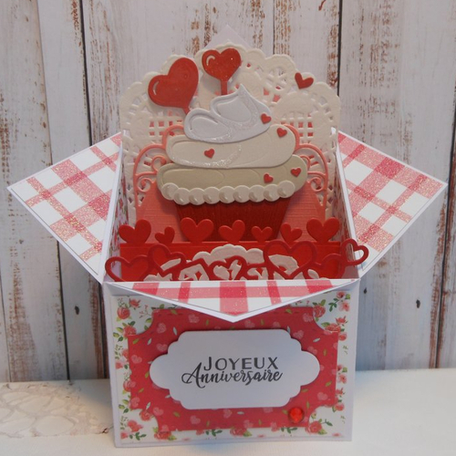 Carte anniversaire gourmand pop-up boîte 3d cupcake coeur d'amour pâtisserie gâteau fait main