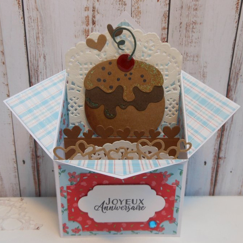 Carte anniversaire gourmand pop-up boîte 3d chou chocolat cerise pâtisserie gâteau fait main