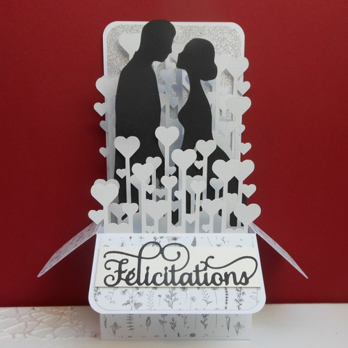 Carte mariage xl pacs pop up grande boîte 3d hauteur 20cm félicitations blanc et fleurs des champs noir fait main