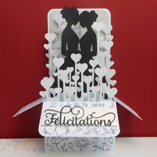 Carte mariage xl pacs femmes  pop up grande boîte 3d hauteur 20cm félicitations blanc et fleurs noir fait main