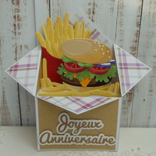 Carte anniversaire pop-up boîte menu hamburger crudités frites ado fastfood burger