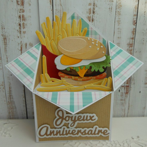 Carte anniversaire pop-up boîte menu hamburger oeuf frites ado fastfood burger