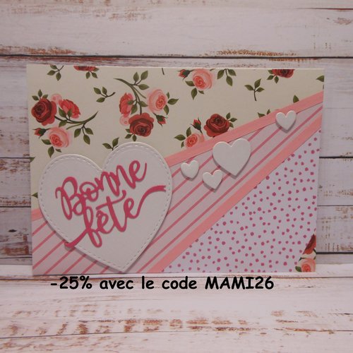 Carte bonne fête tons de rose et coeur blanc fête des mères maman grand-mère mamie fait main