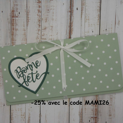 Pochette cadeau billet, chèque, place de spectacle bonne fête homme vert pâle fête des pères papa masculine fait main