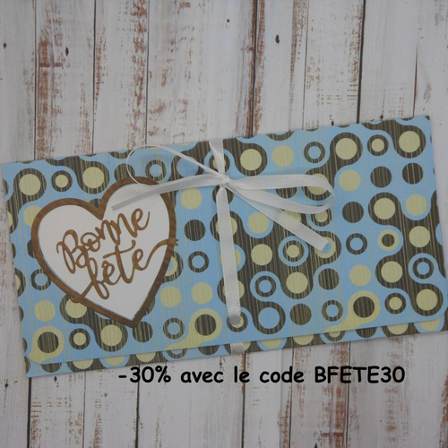 Pochette cadeau billet, chèque, place de spectacle bonne fête masculine homme fête des pères papa 70's bleu fai