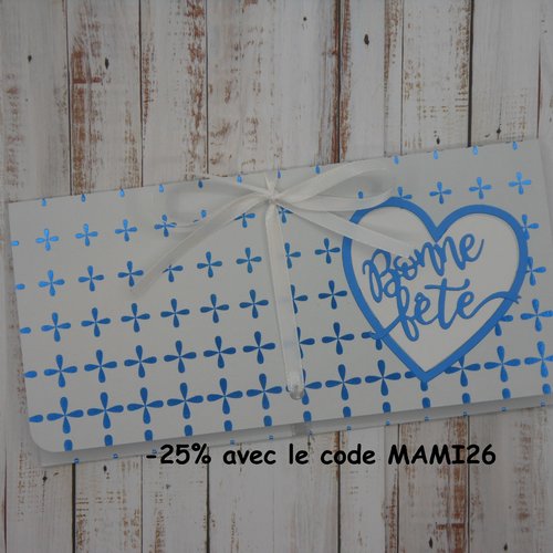 Pochette cadeau billet, chèque, place de spectacle bonne fête homme blanc foil bleu fête des pères papa masculine fait main