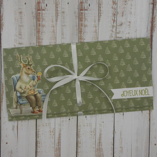 Pochette cadeau de noël billet, chèque, place de spectacle goûter du renne sur fond vert fait main