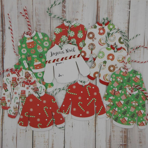 Lot de 12 étiquettes cadeau pull moche de noël gourmandises avec insription joyeux noël au dos fait main