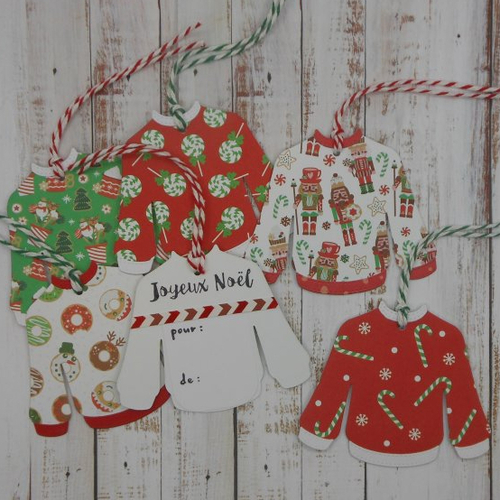 Lot de 6 étiquettes cadeau pull moche de noël fait main