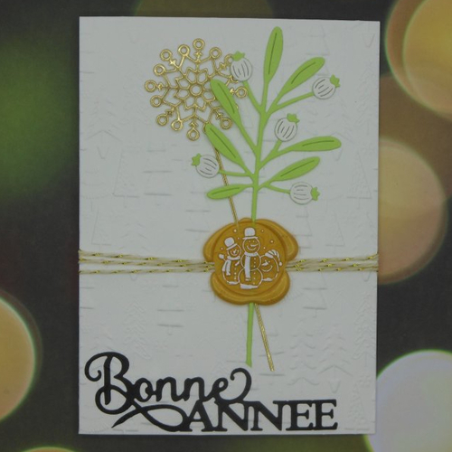 Carte de voeux bonne année fond gaufré sapins et cachet sceau de cire et flocon or fait main