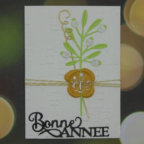 Carte de voeux bonne année fond gaufré sapins et cachet sceau de cire et serpentin or fait main