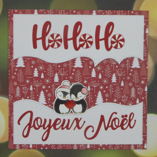 Carte de voeux 15 x 15 noël ho ho ho câlin de pingouins rouge et blanc