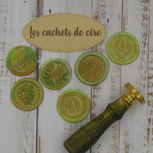 Embellissements lot de 6 cachets de cire synthétique décorés thème nature 3, tons de vert scrapbooking carterie albums faits main