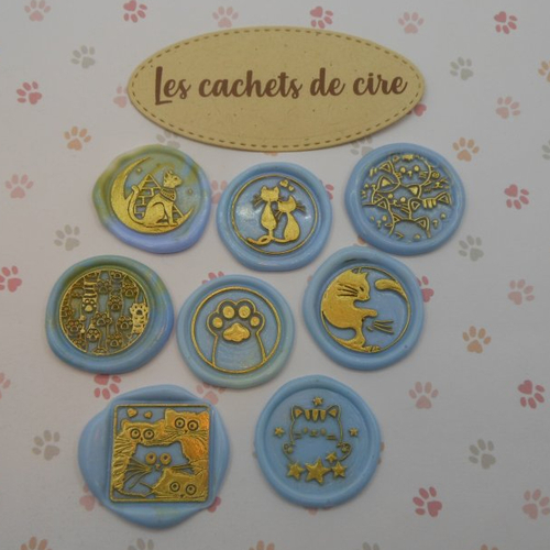 Embellissements lot de 8 cachets de cire synthétique décorés thème chats, bleu et or pour scrapbooking carterie albums  faits main
