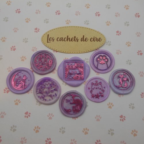 Embellissements lot de 8 cachets de cire synthétique décorés thème chats, tons de mauve 2 pour scrapbooking carterie albums  faits main