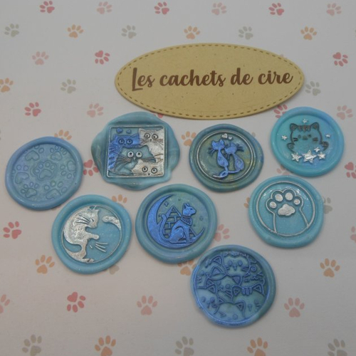 Embellissements lot de 8 cachets de cire synthétique décorés thème chats, tons de bleu et argent scrapbooking carterie albums faits main