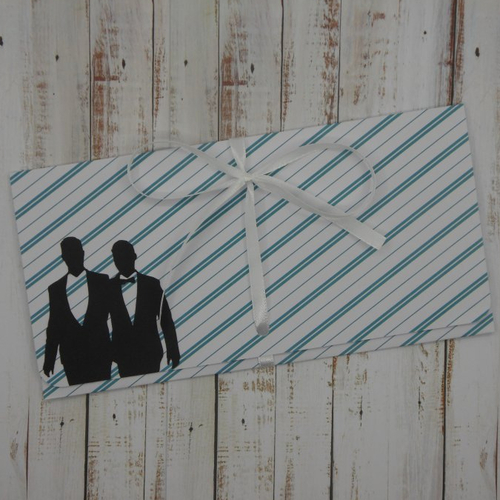 Pochette cadeau billet, chèque, place de spectacle mariage pacs couple hommes rayures bleu fait main