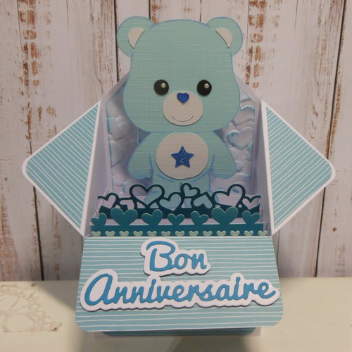 Carte anniversaire pop-up boîte 3d ourson bleu et étoile enfant fait main
