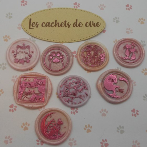 Embellissements lot de 8 cachets de cire synthétique décorés thème chats, tons rosés pour scrapbooking carterie albums faits main